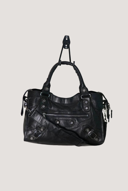 Balenciaga Black Leather Giant 21 Silver Motorcycle City Bag