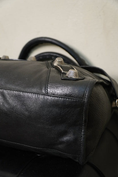 Balenciaga Black Leather Giant 21 Silver Motorcycle City Bag