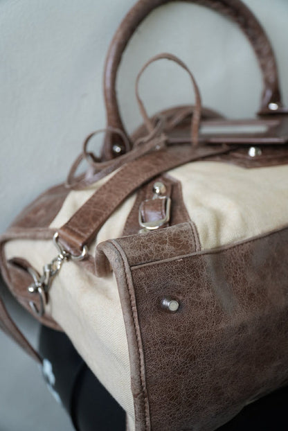 Vintage Balenciaga Brown Natural Linen Truffle City Bag