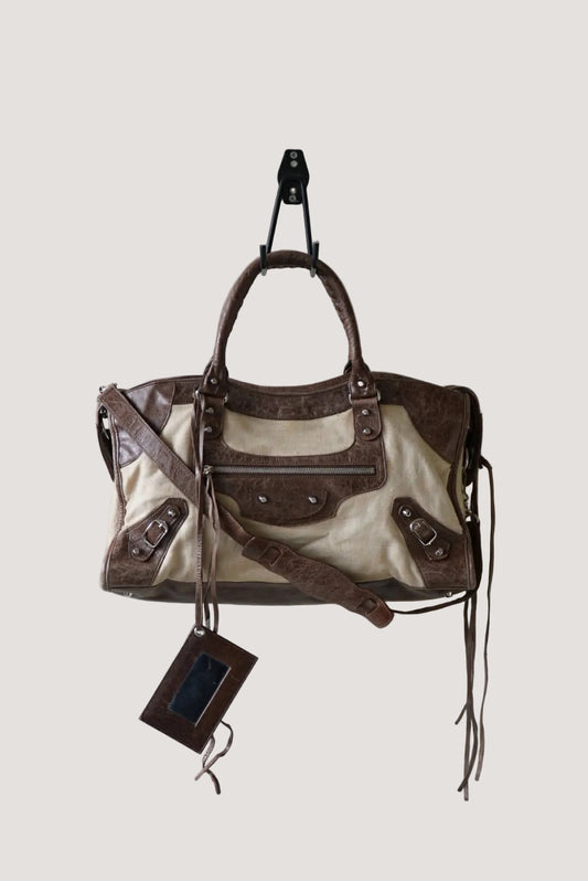 Vintage Balenciaga Brown Natural Linen Truffle City Bag