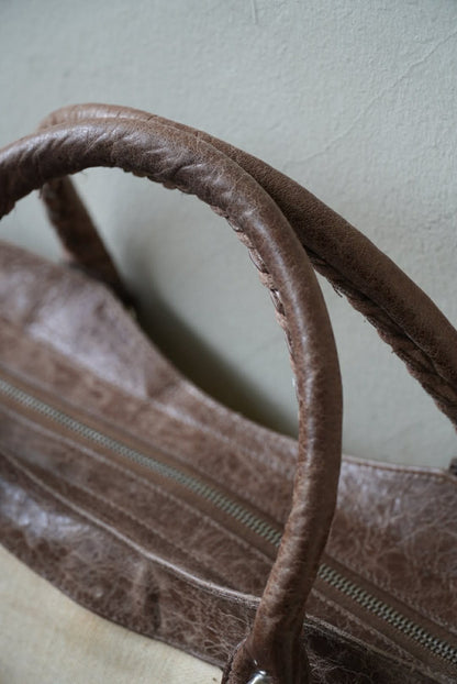 Vintage Balenciaga Brown Natural Linen Truffle City Bag