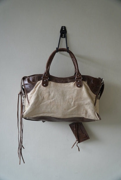 Vintage Balenciaga Brown Natural Linen Truffle City Bag