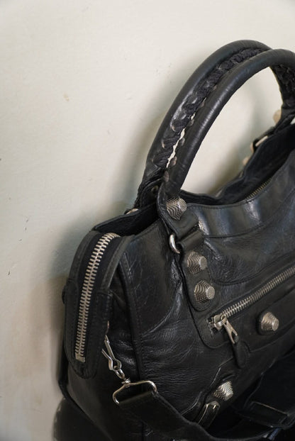 Balenciaga Black Leather Giant 21 Silver Motorcycle City Bag