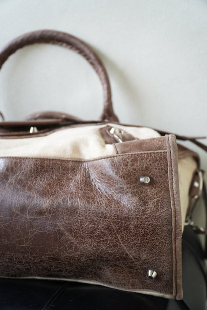 Vintage Balenciaga Brown Natural Linen Truffle City Bag