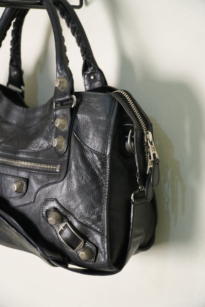 Balenciaga Black Leather Giant 21 Silver Motorcycle City Bag
