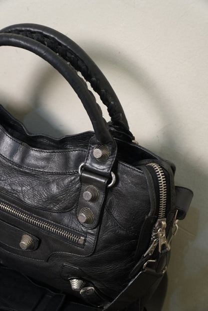 Balenciaga Black Leather Giant 21 Silver Motorcycle City Bag