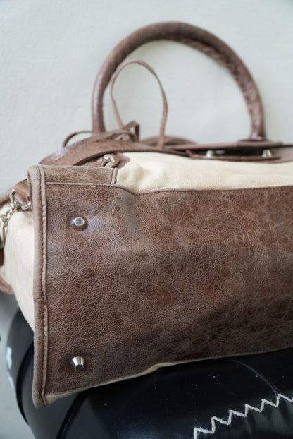 Vintage Balenciaga Brown Natural Linen Truffle City Bag