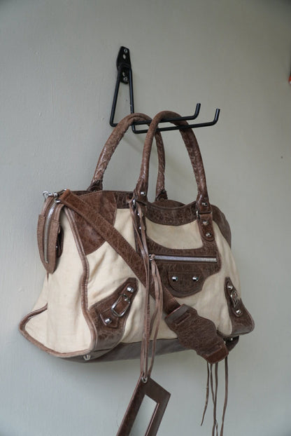 Vintage Balenciaga Brown Natural Linen Truffle City Bag