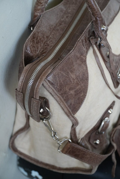 Vintage Balenciaga Brown Natural Linen Truffle City Bag