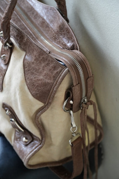 Vintage Balenciaga Brown Natural Linen Truffle City Bag