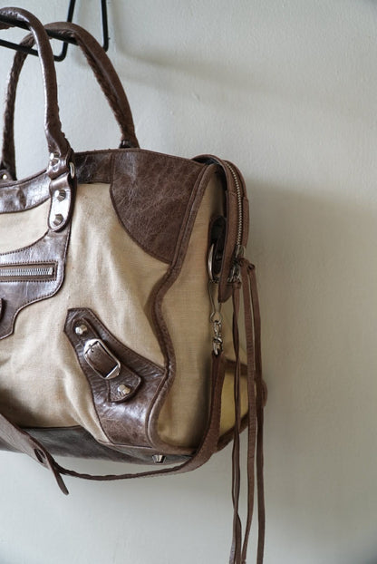 Vintage Balenciaga Brown Natural Linen Truffle City Bag