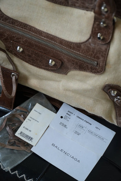 Vintage Balenciaga Brown Natural Linen Truffle City Bag