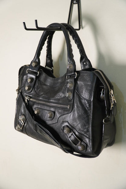 Balenciaga Black Leather Giant 21 Silver Motorcycle City Bag