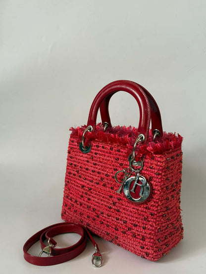 Christian Dior 2012 Tweed Fringe Rhinestone Lady Dior Bag