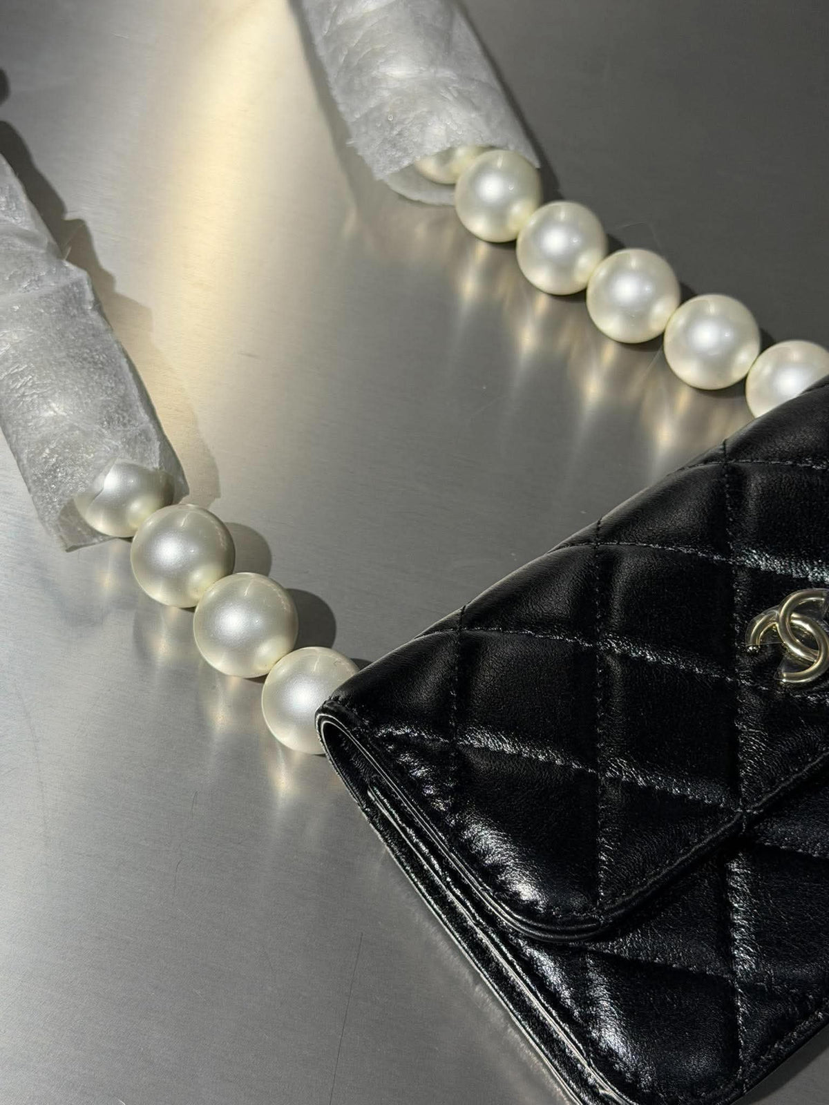 Chanel Black Quilted Maxi Pearls Wallet on Chain Bag