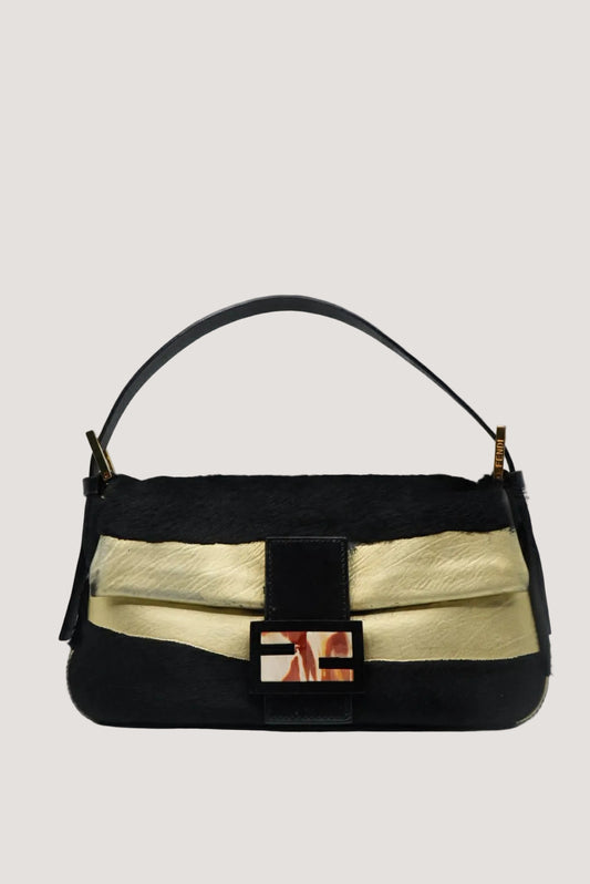 Fendi Gold & Black Pony Hair Baguette Bag