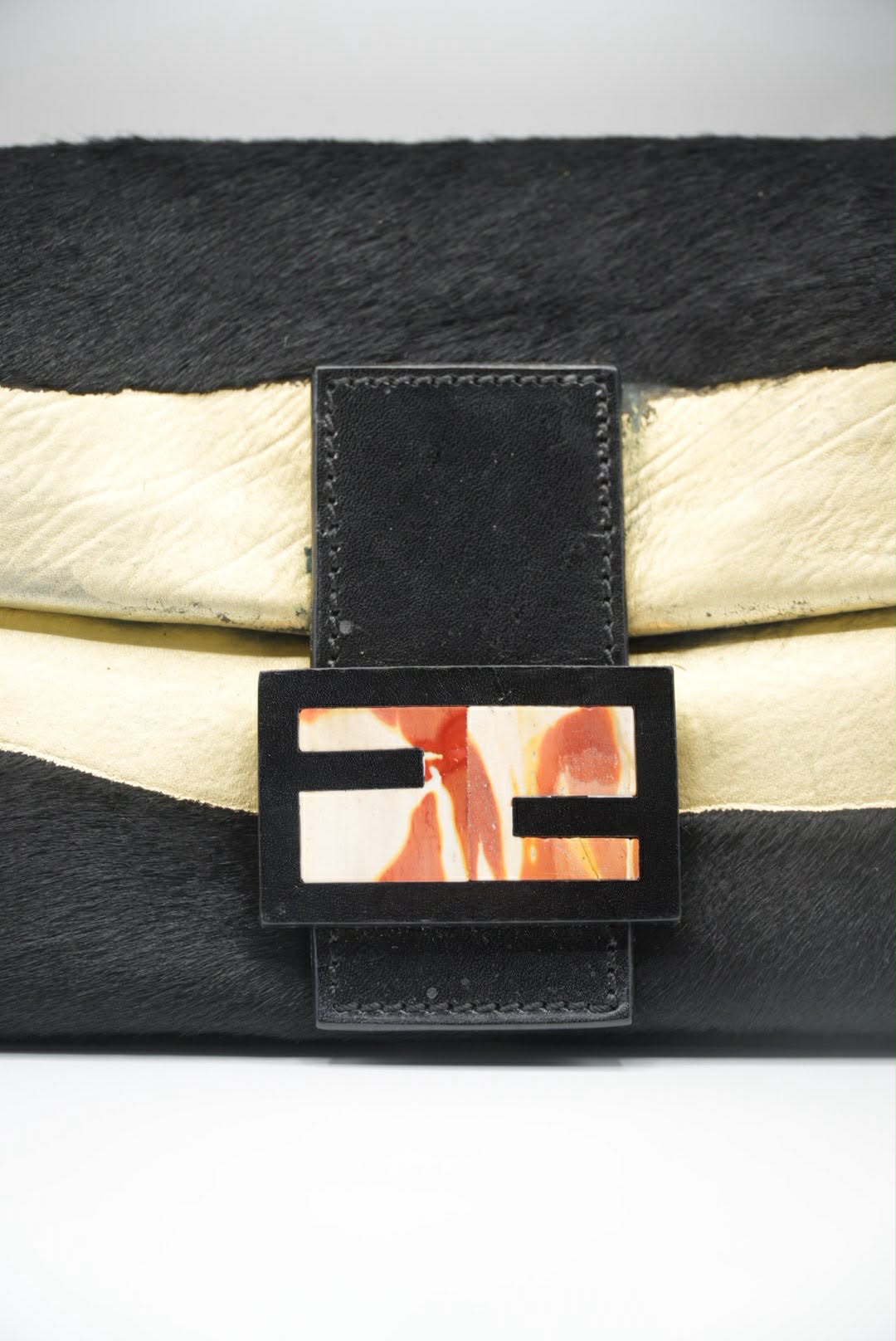 Fendi Gold & Black Pony Hair Baguette Bag
