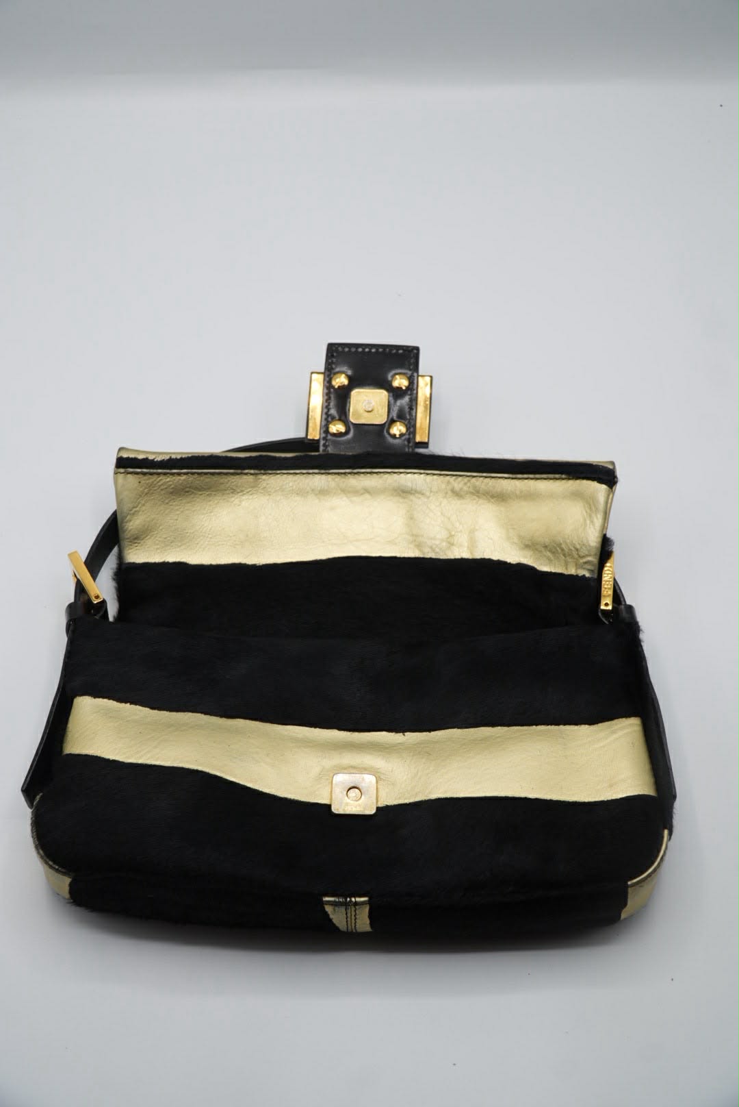 Fendi Gold & Black Pony Hair Baguette Bag