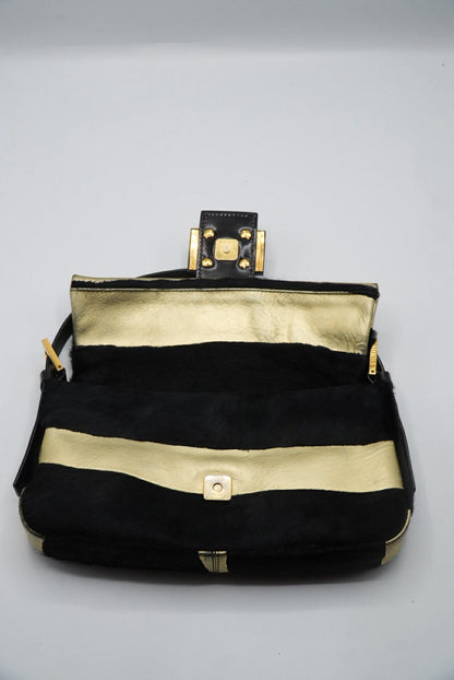 Fendi Gold & Black Pony Hair Baguette Bag