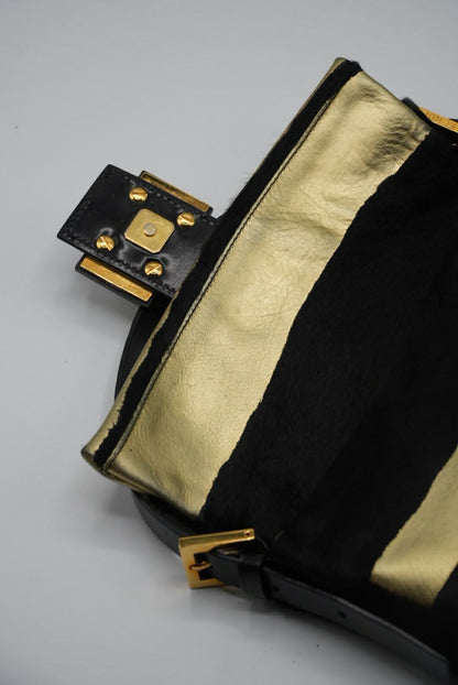 Fendi Gold & Black Pony Hair Baguette Bag