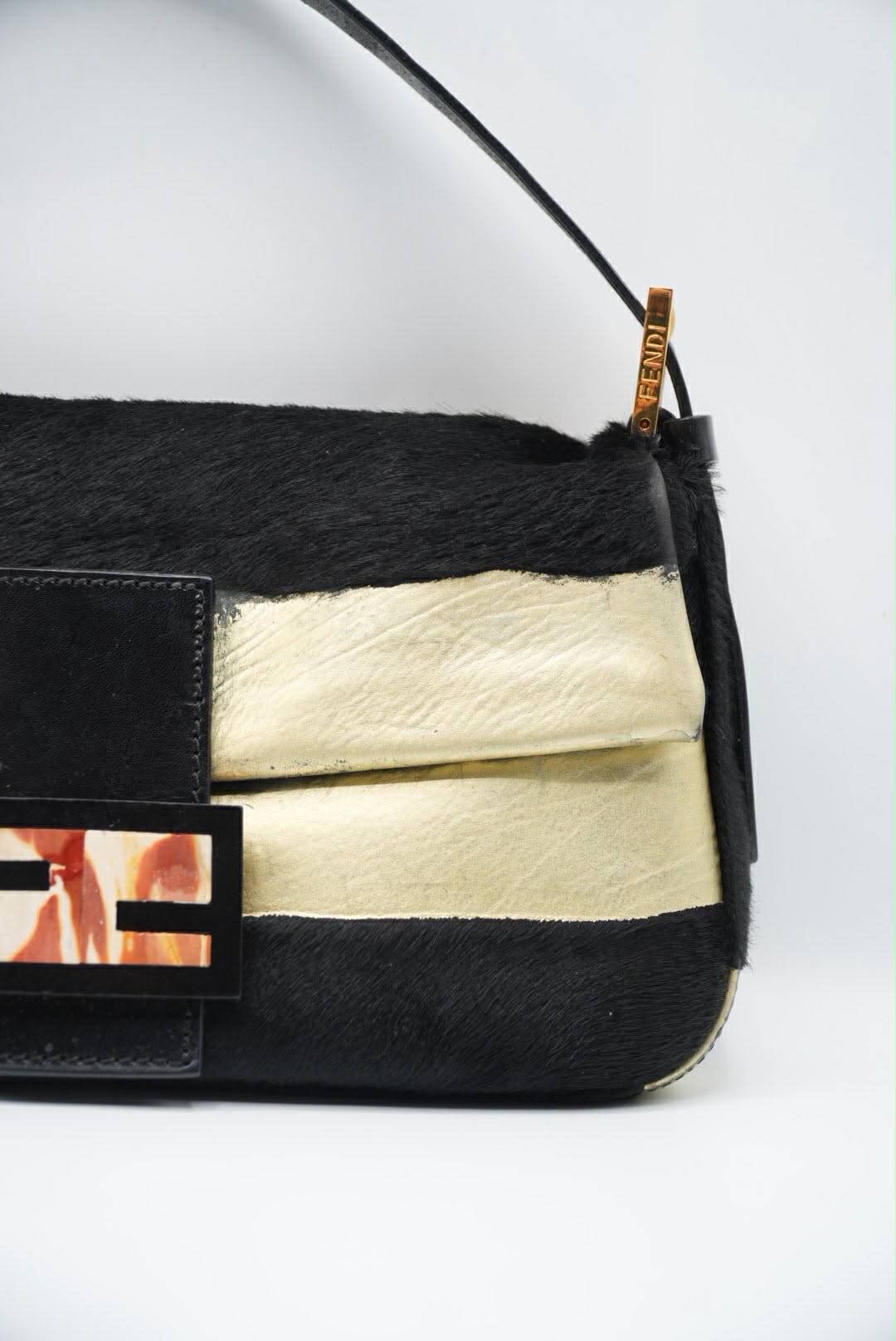 Fendi Gold & Black Pony Hair Baguette Bag