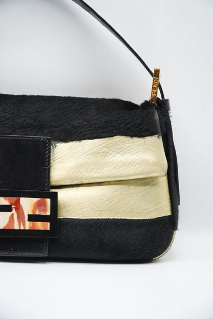 Fendi Gold & Black Pony Hair Baguette Bag