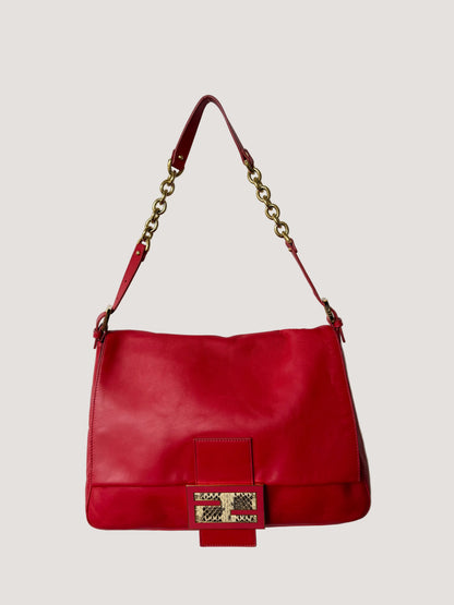 Fendi Red Baguette Mamma Snakeskin FF Logo Clasp
