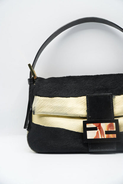 Fendi Gold & Black Pony Hair Baguette Bag