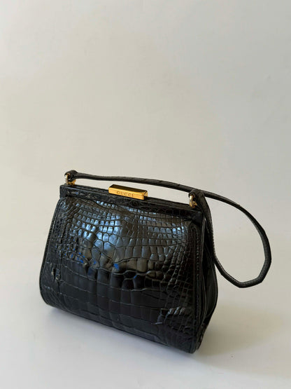 Vintage Gucci Black Crocodile Embossed Leather Handbag