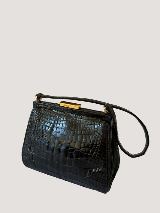 Gucci by Tom ford Black Crocodile Embossed Leather Handbag