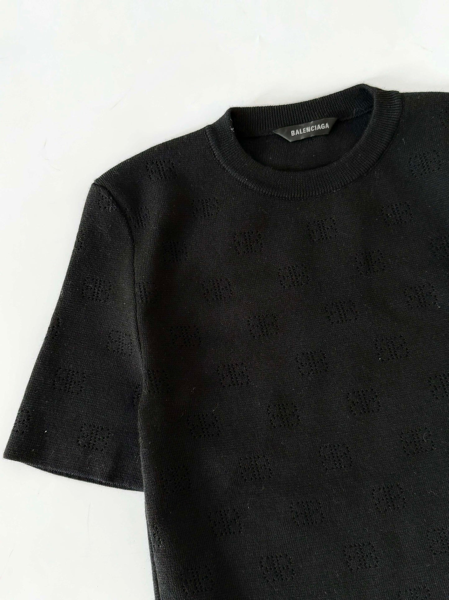 Balenciaga Black BB P VM Pointelle-Knit T-Shirt