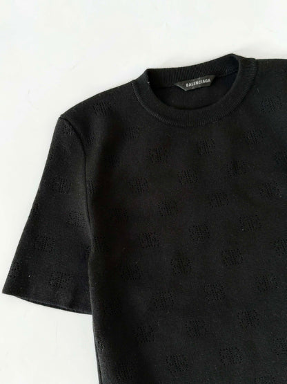 Balenciaga Black BB P VM Pointelle-Knit T-Shirt