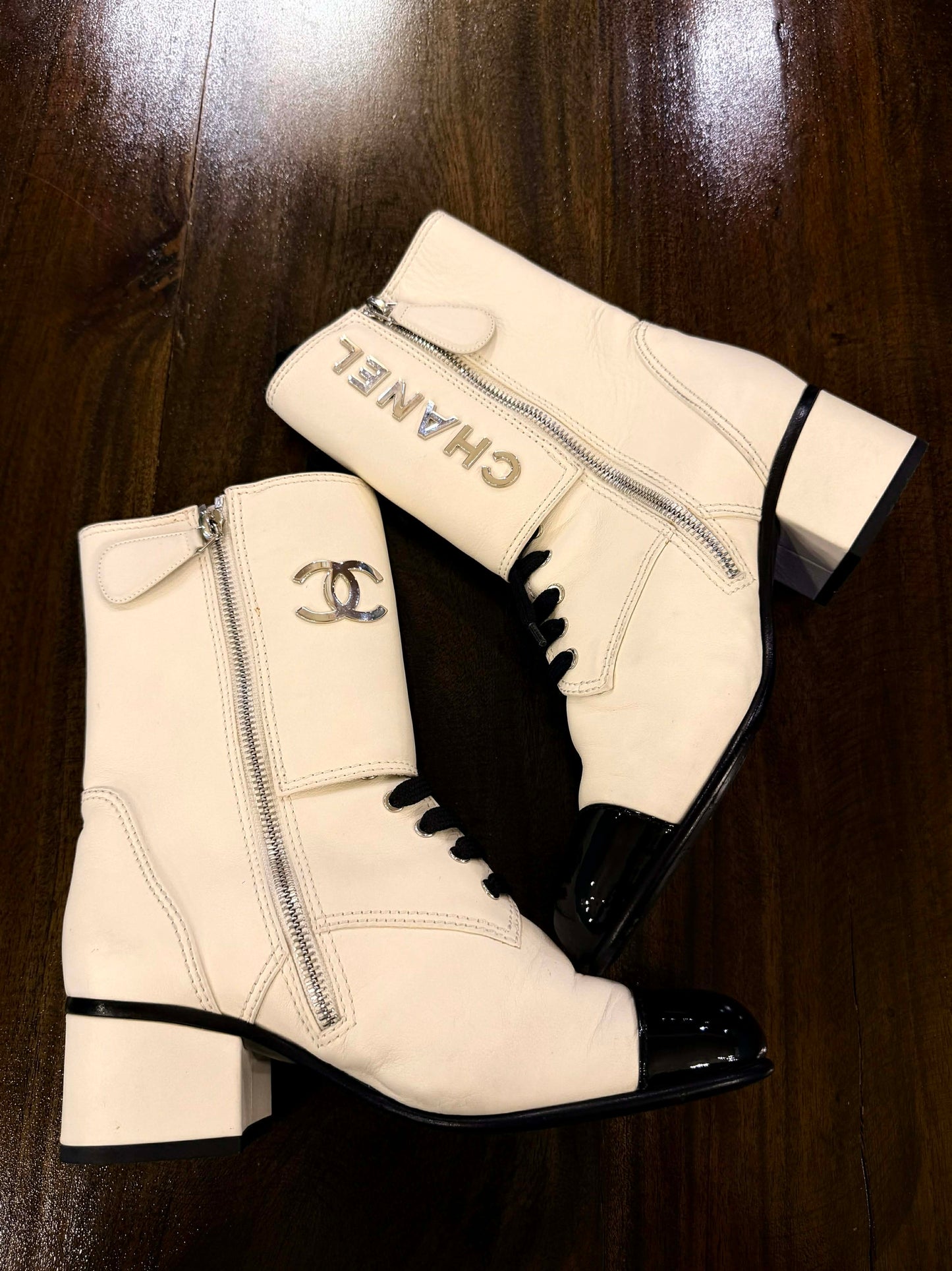 Chanel 19B Two Bone Signature Logo Lace-up Leather Boots