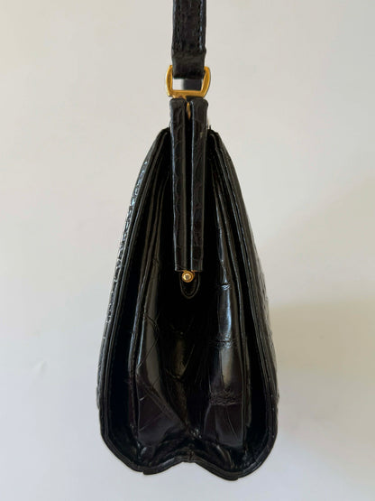 Vintage Gucci Black Crocodile Embossed Leather Handbag