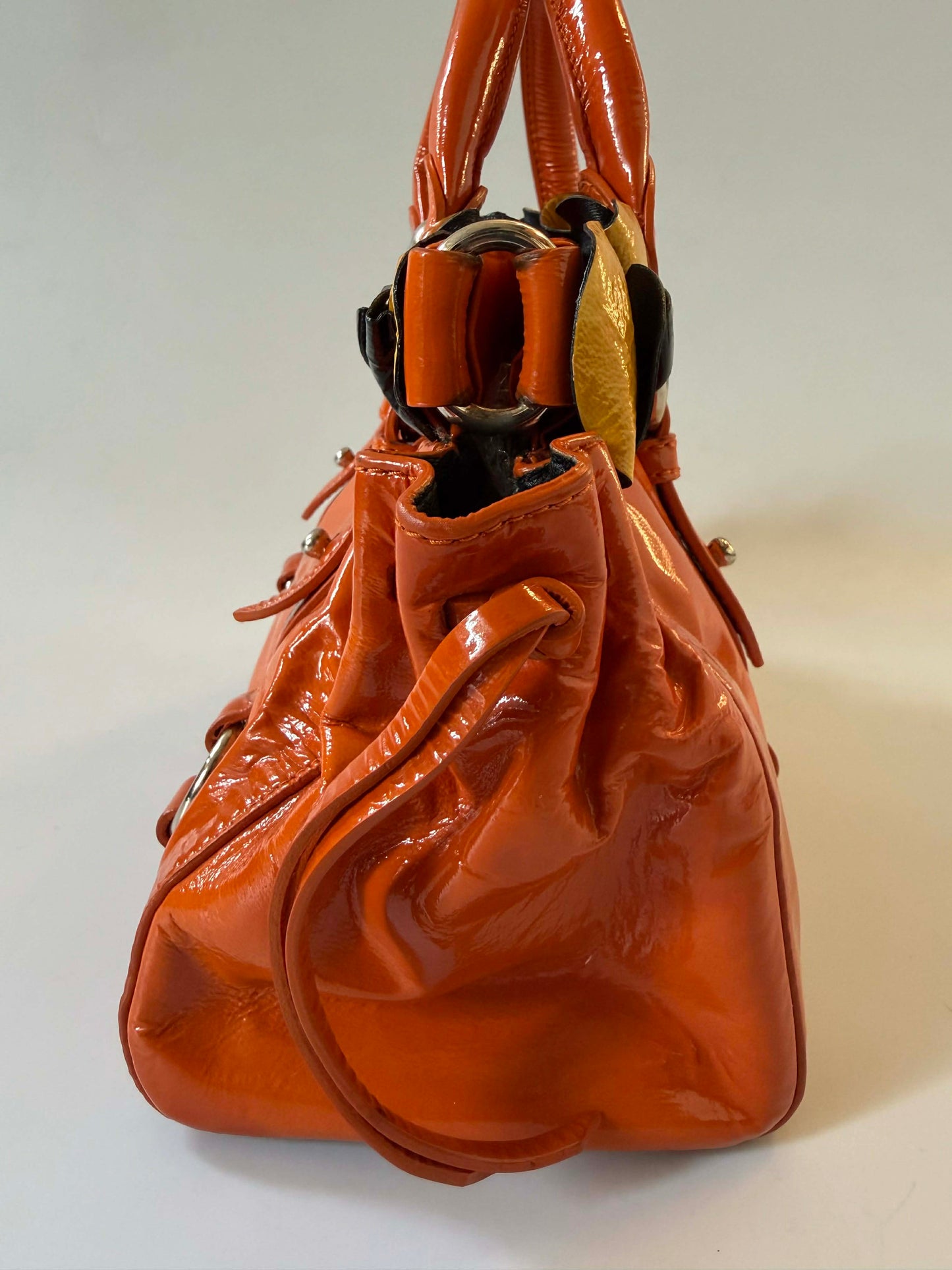 Miu Miu Orange Patent Raffled Black & Yellow Trim Handbag