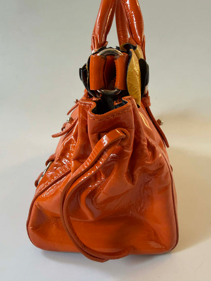 Miu Miu Orange Patent Raffled Black & Yellow Trim Handbag