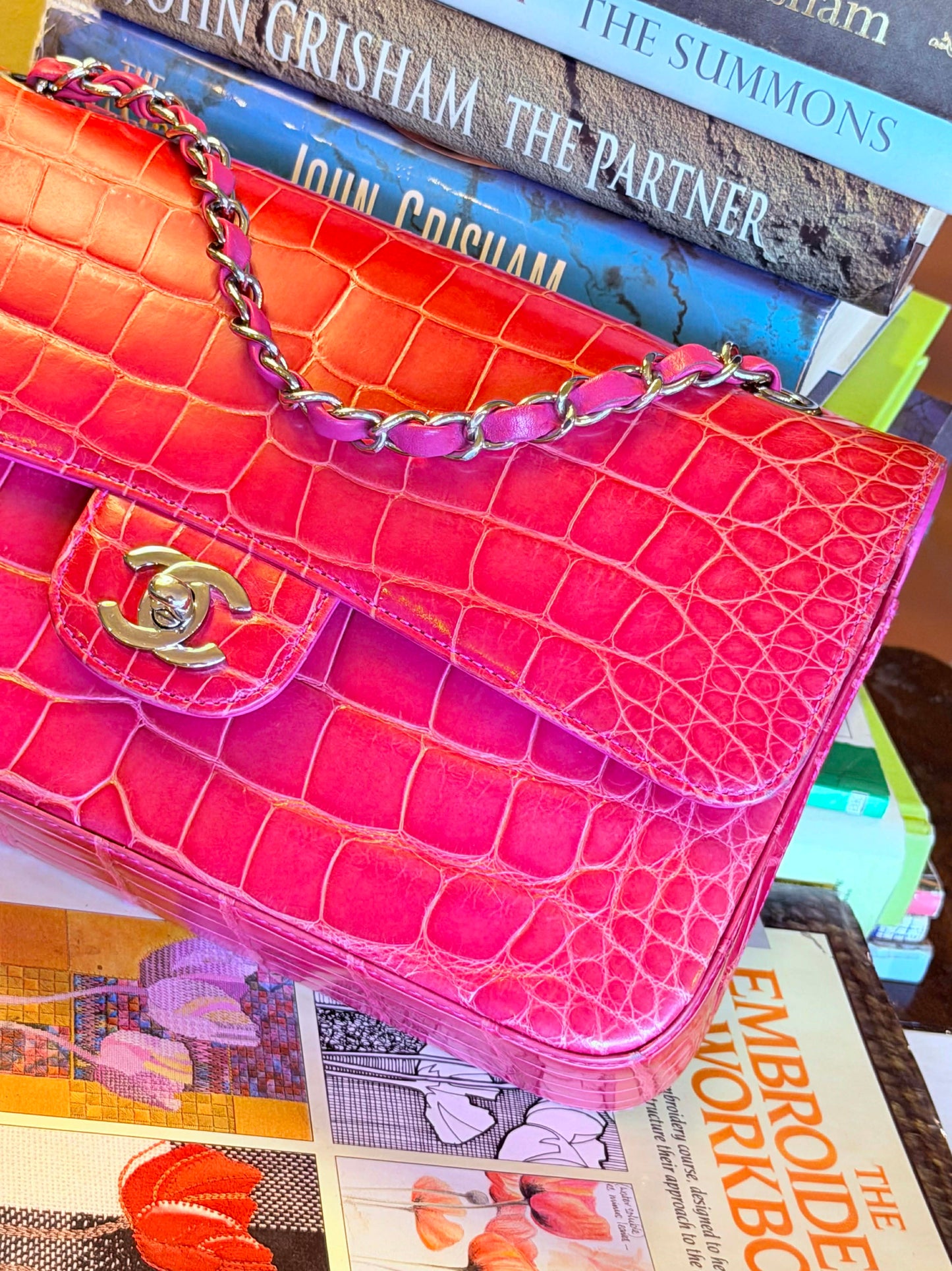 Chanel Pink Alligator Medium Double Flap