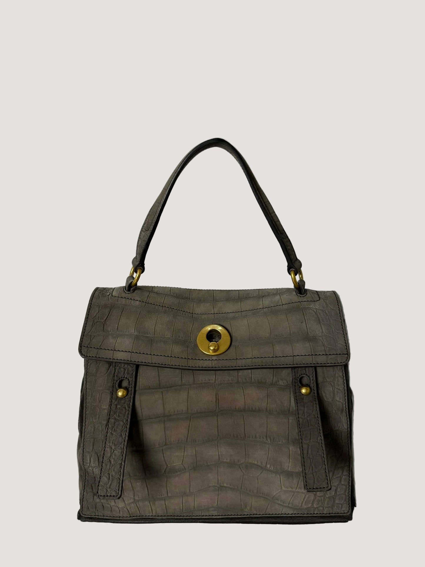 Yves Saint Laurent Grey Croc Embossed Suede Large Muse Bag