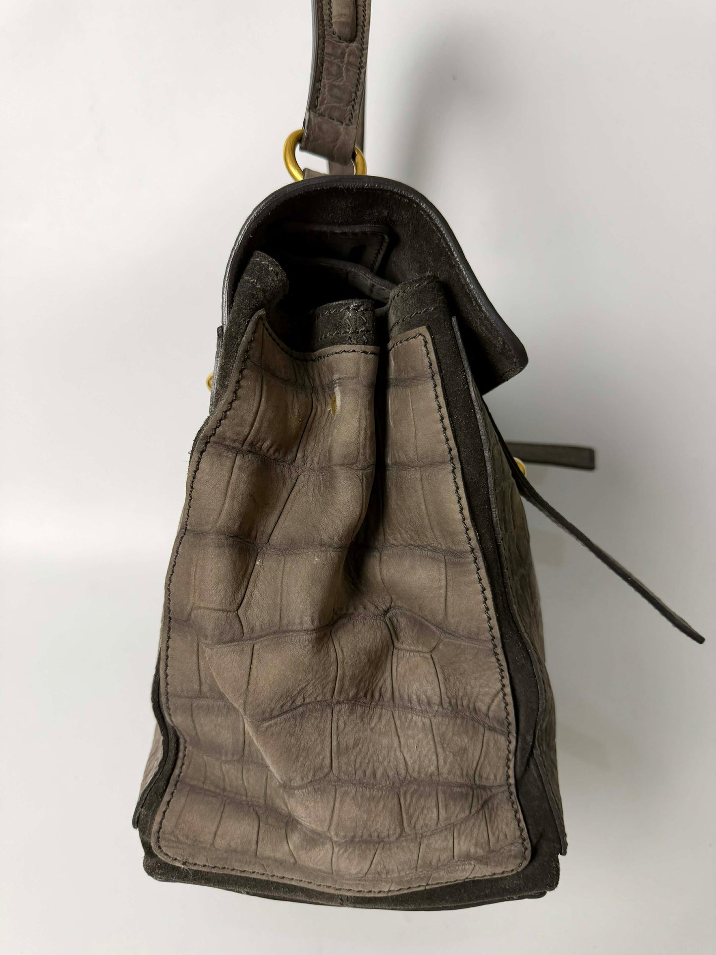 Yves Saint Laurent Grey Croc Embossed Suede Large Muse Bag