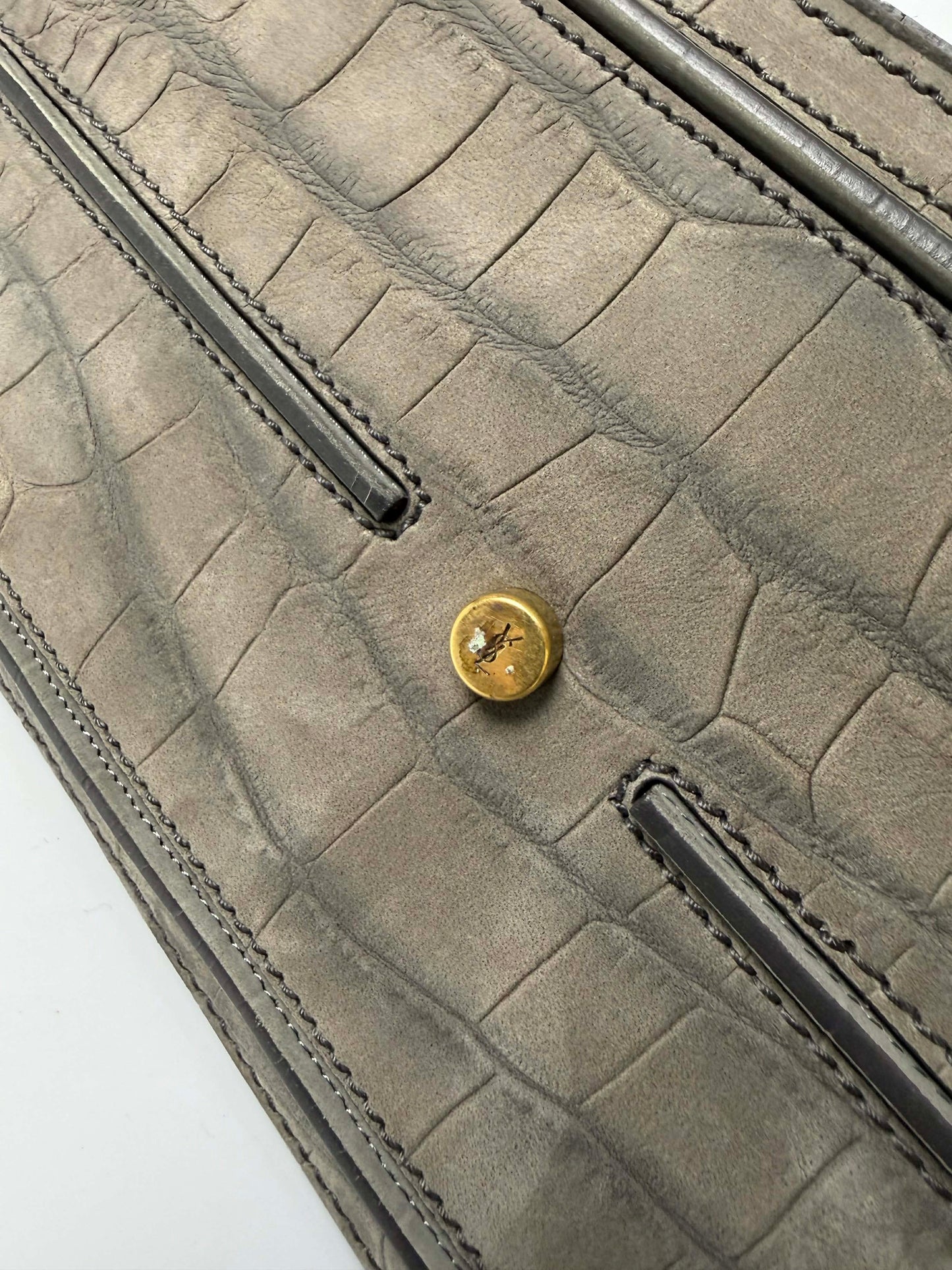 Yves Saint Laurent Grey Croc Embossed Suede Large Muse Bag