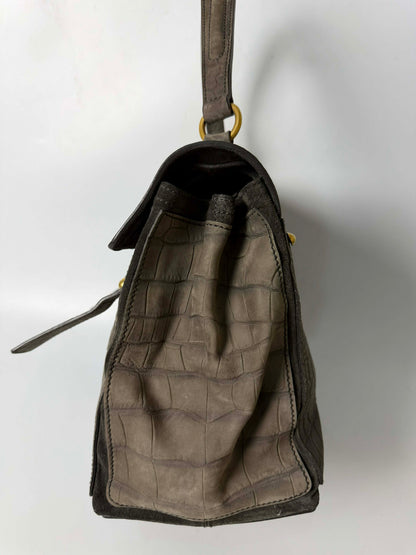 Yves Saint Laurent Grey Croc Embossed Suede Large Muse Bag