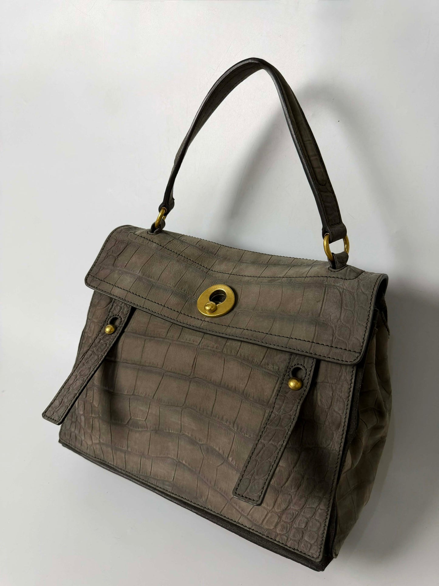 Yves Saint Laurent Grey Croc Embossed Suede Large Muse Bag