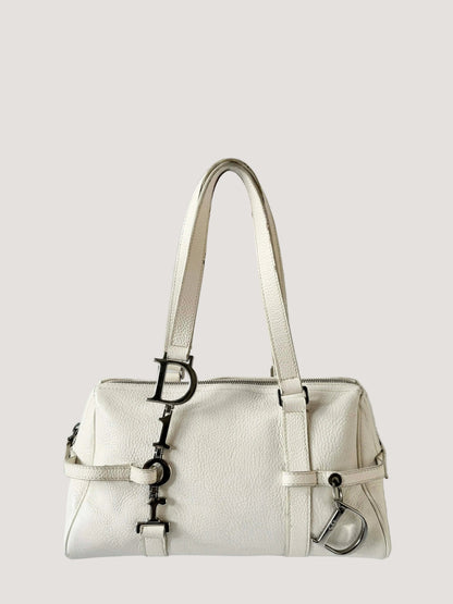 Christian Dior White Leather Logo Charms Boston Handbag