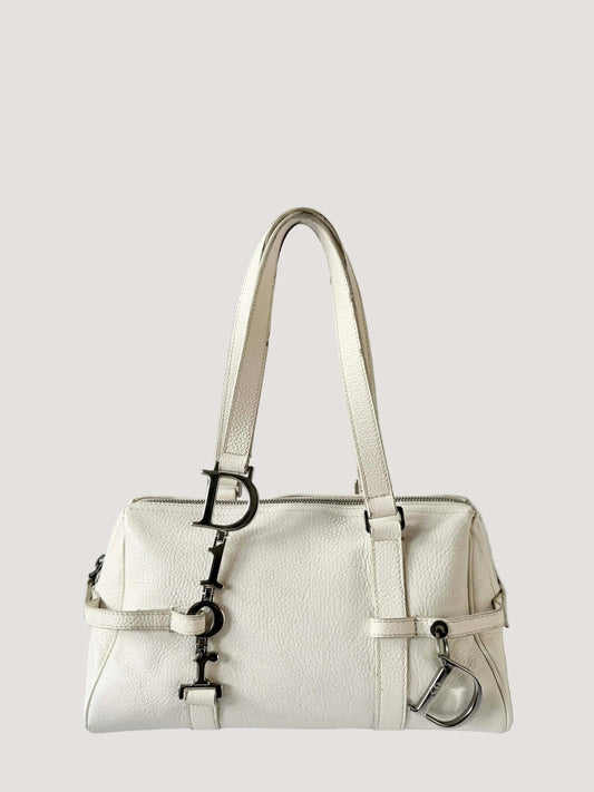 Christian Dior White Leather Logo Charms Boston Handbag
