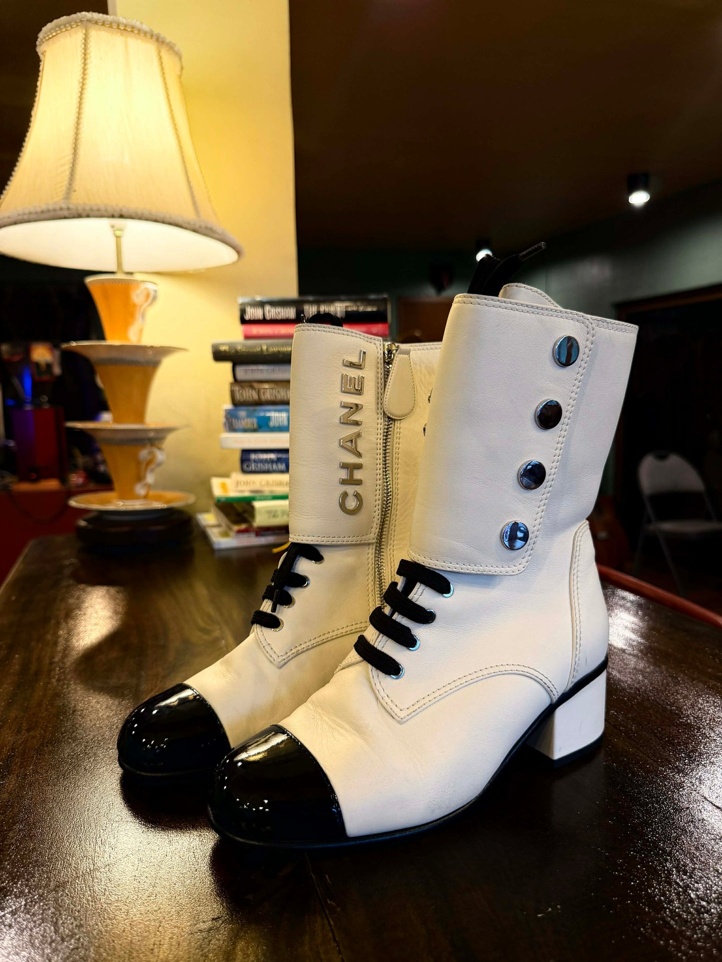 Chanel 19B Two Bone Signature Logo Lace-up Leather Boots