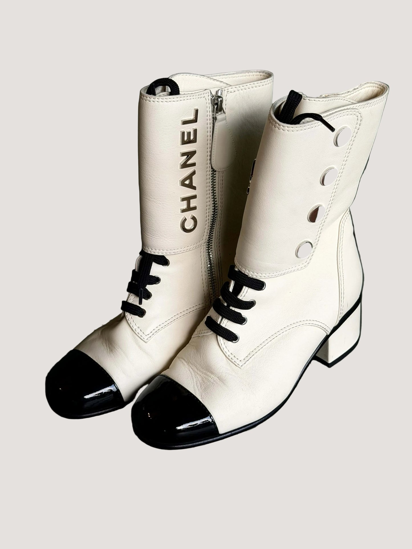 Chanel 19B Two Bone Signature Logo Lace-up Leather Boots