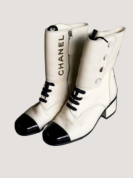 Chanel 19B Two Bone Signature Logo Lace-up Leather Boots
