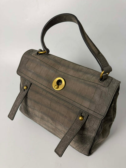 Yves Saint Laurent Grey Croc Embossed Suede Large Muse Bag