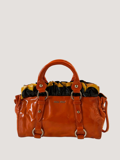Miu Miu Orange Patent Raffled Black & Yellow Trim Handbag