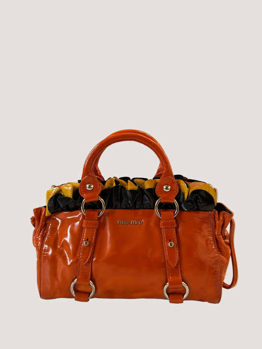 Miu Miu Orange Patent Raffled Black & Yellow Trim Handbag